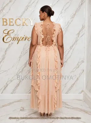 Ladies Elegant Ruffle Chiffon Maxi Dress - Peach Nude | Beach Gown |
