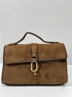 H M Suede Flap-Top Handle Handbag With Gold Link Hardware