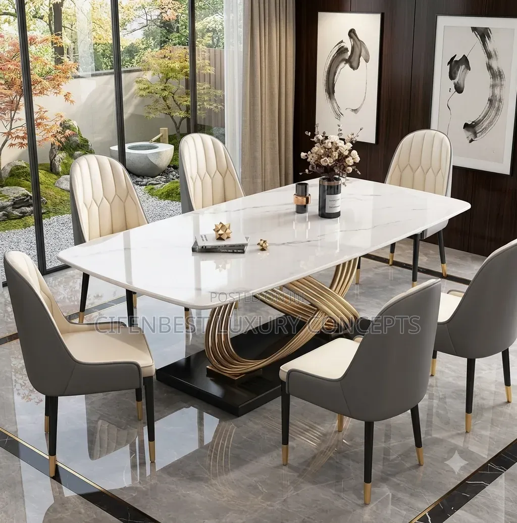 Coiled-Base Dinning Table With 6 Chairs