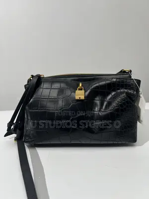 H M Black Croc- Embossed Padlock Detail Crossbody Shoulder Bag