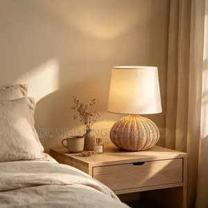Modern Handwoven Rattan Table Lamp With Fabric Shade.