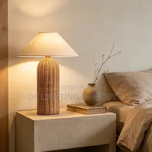Modern Handwoven Rattan Table Lamp With Fabric Shade.