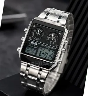 Luxury Digital/Analog World Map Watch With Alarm | Silver/Black