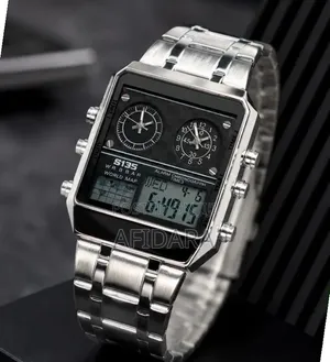 Luxury Digital/Analog World Map Watch With Alarm | Silver/Black