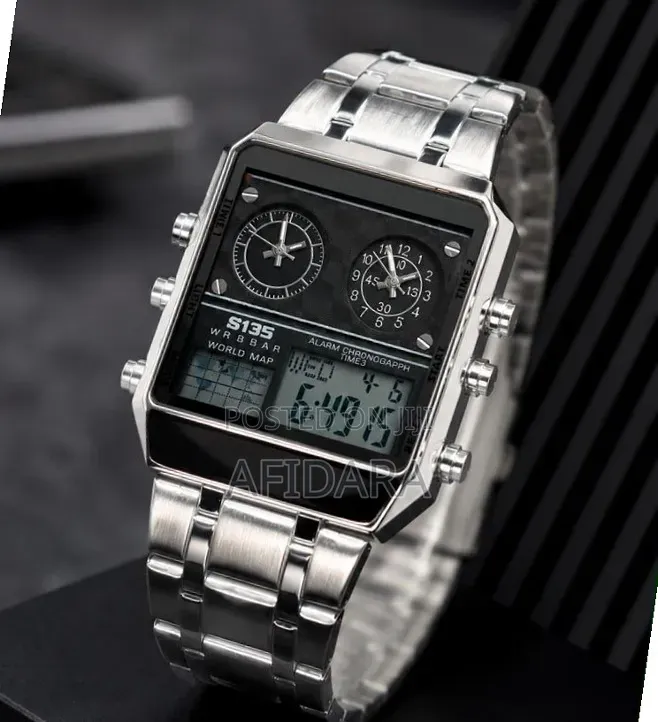 Luxury Digital/Analog World Map Watch With Alarm | Silver/Black