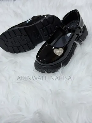 Black Patent Leather Shoes for Girls. Rhinestone Heart Detail on Toe