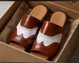 Classy Brown White Handmade Leather Slide – Unisex
