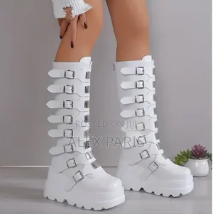 Women's White Platform Buckle Boots