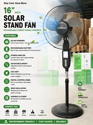 16-Inch JD JINDIAN Solar Rechargeable Stand Fan – LED Light.