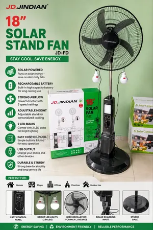 18” JD JINDIAN Solar Rechargeable Stand Fan+ USB+powerful Airflow