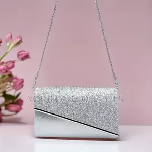 Stylish Silver Glitter Sided Party Clutch Purse