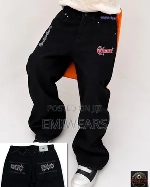 Men's Black Wide-Leg Jeans | "BUTTER" Embroidered Graphic Denim