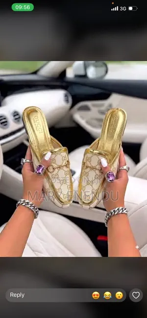 Women's GG Pattern Gold Tone Flat Mules