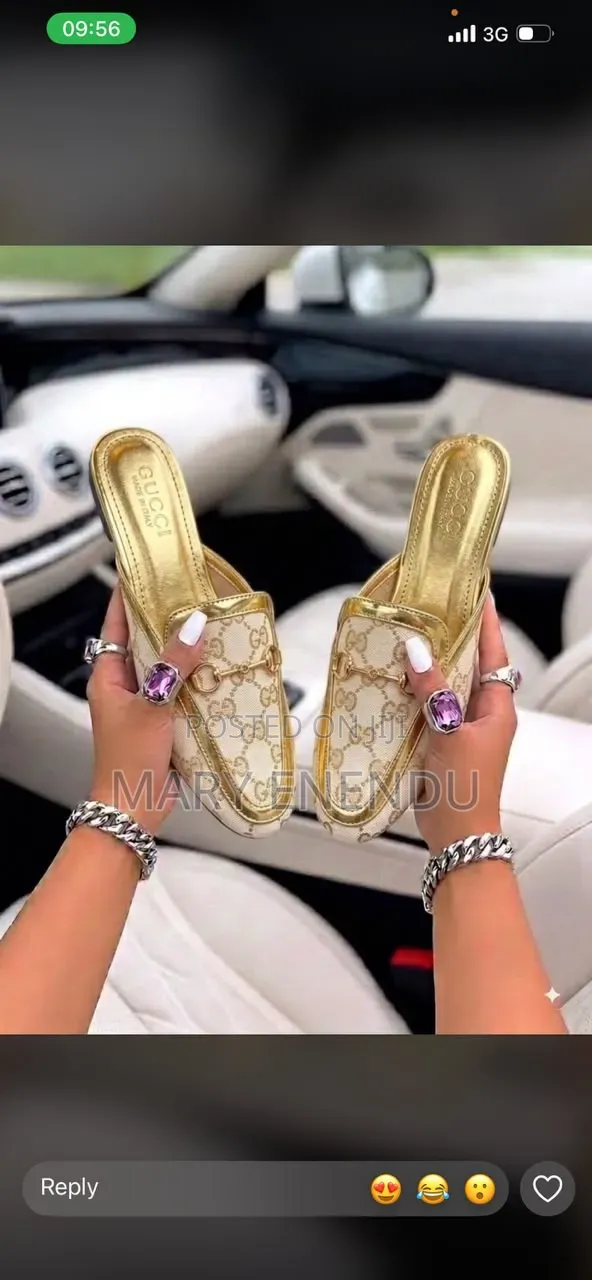 Women's GG Pattern Gold Tone Flat Mules