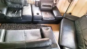 Black Leather Sofa Set With Built-in Cup Holders