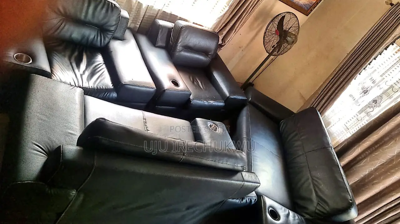 Black Leather Sofa Set With Built-in Cup Holders