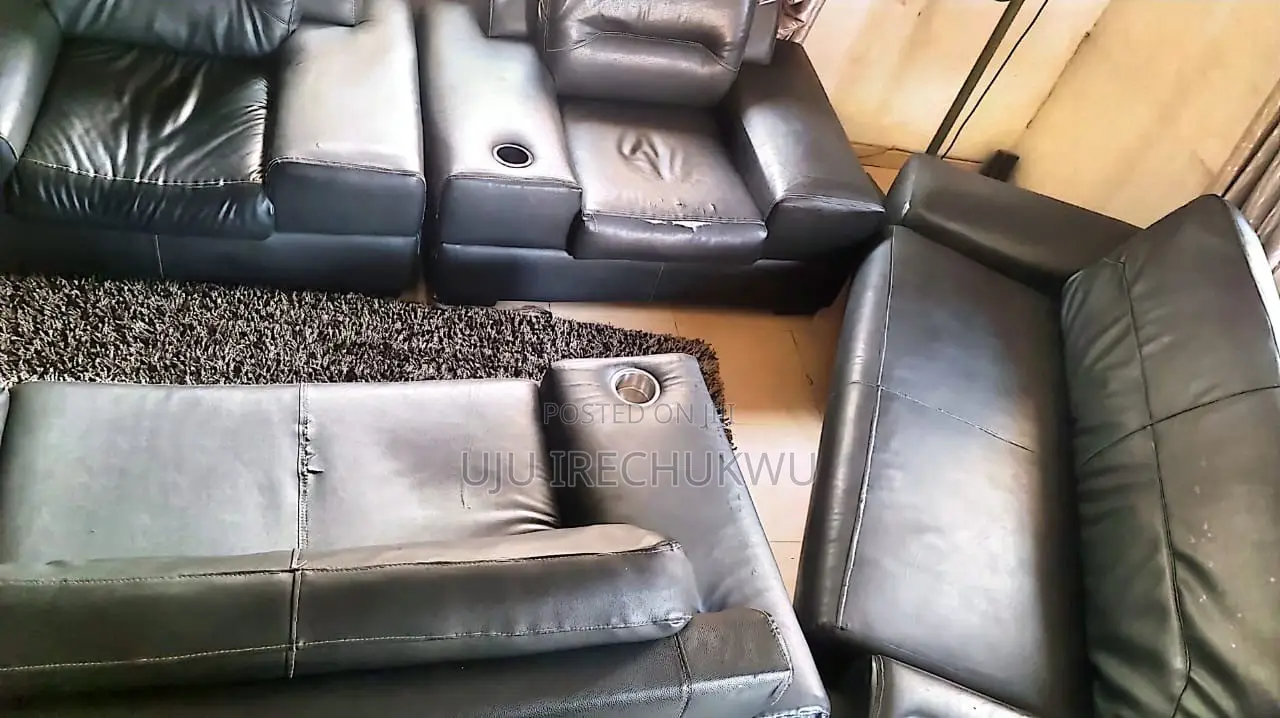 Black Leather Sofa Set With Built-in Cup Holders