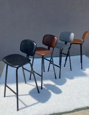 Modern Leather-Padded High Bar Stools Feature Sleek Black Iron Frames