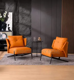 Modern Orange Leather Accent Chairs Side Table Set – Single Sofas