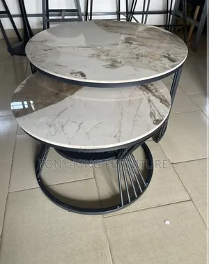 2-in-1 Round Nesting Coffee Table With a White-and-Grey Marble Top