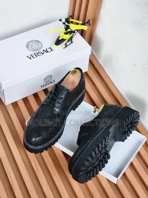 Black Patterned Versace Leather Lace Up Shoes With Thick Soles
