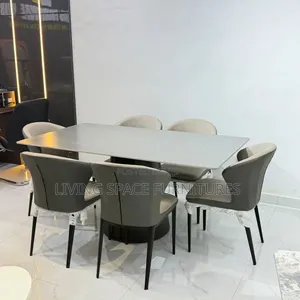 Thick Marble Dining Table With 6 Leather Chairs