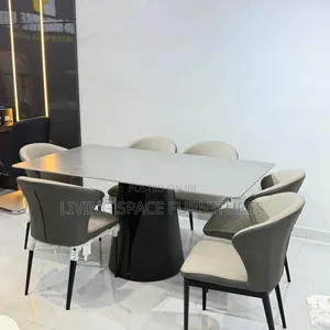 Thick Marble Dining Table With 6 Leather Chairs