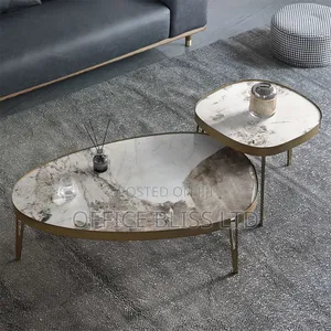 Heavy Luxury Modern Oval Rock Panel Coffee Table - White Designed Top