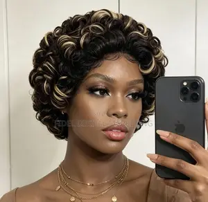 Short Pixie Cut Black With Blonde Highlight Curly Lace Front Human