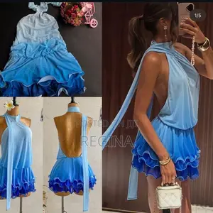 Elegant Blue Ruffled Halter Mini Dress