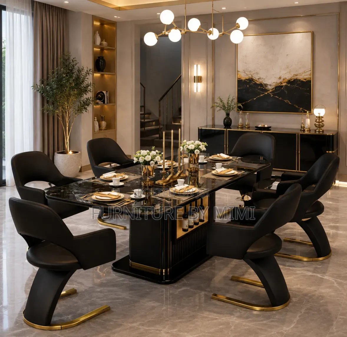  Luxurious 6-Seater Modern Black Marble Dining Table Set
