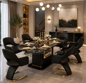  Luxurious 6-Seater Modern Black Marble Dining Table Set