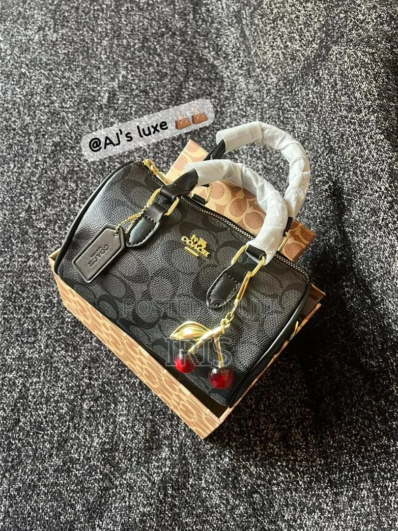 Black Brown C-Pattern Handbag With Cherry Charm