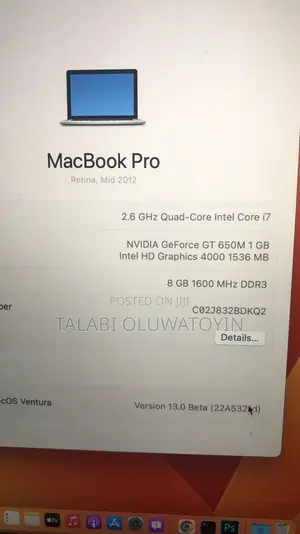 Laptop Apple MacBook Pro 2012 8GB Intel Core i7 SSD 500GB