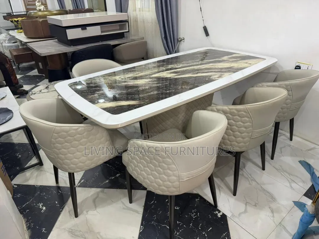 Executive Marble Dining Table With 8 Leather Chairs