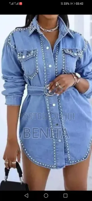 Studded Belted Denim Shirt Dress - Trendy Classy