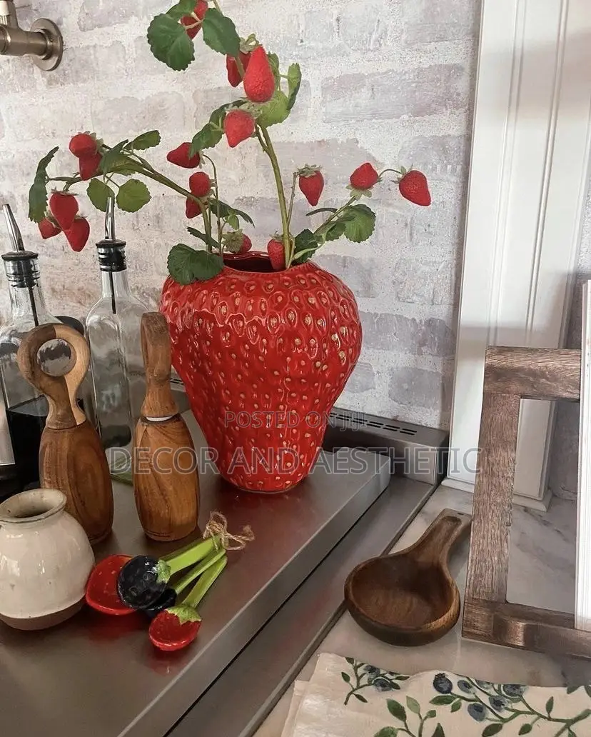 Large Strawberry Vase With Flowers