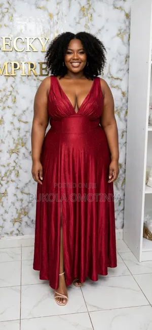 Wine Red Shimmery Deep v Maxi Gown With Front Slit -