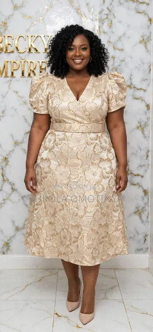 Champagne Gold Brocade Puff Sleeve Flare Dress -