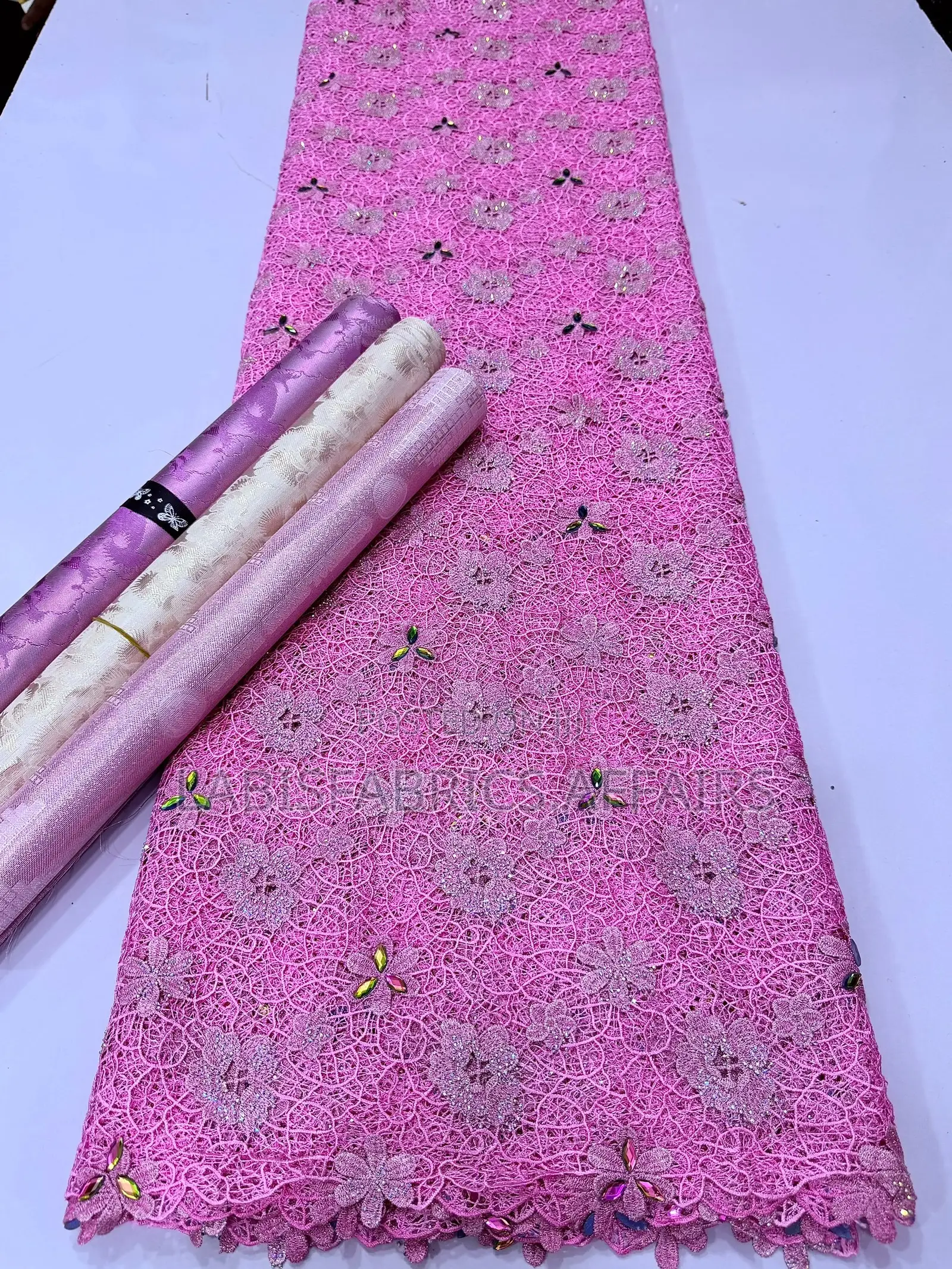 Mesh Cord Lace With Diamond Stone