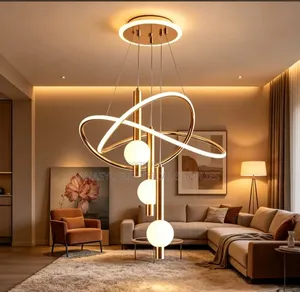 Modern Black | Gold Intertwined LED Ring and Globe Pendant Chandelier