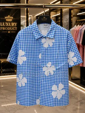 Blue Checkered Floral Short Sleeve Stylish Casual Shirt