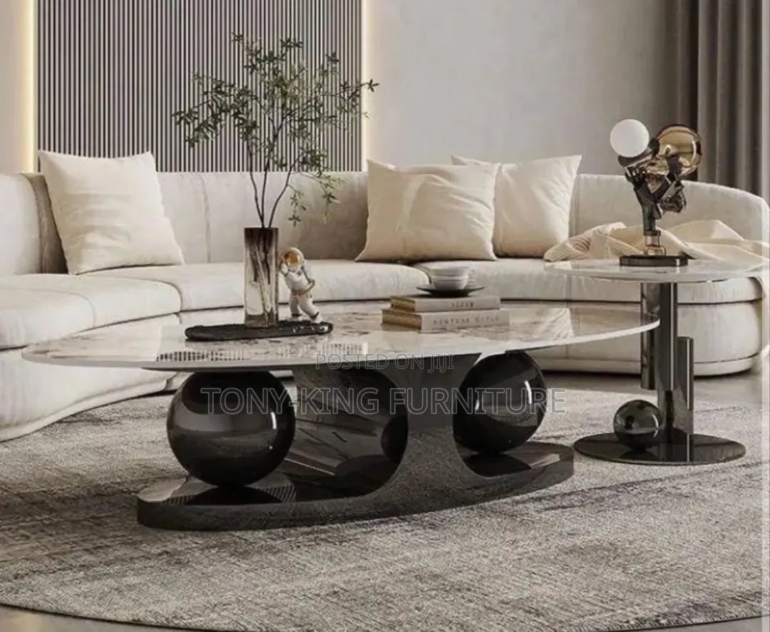 Luxury Oval Marble-Top Coffee Table and Matching Side Table Set