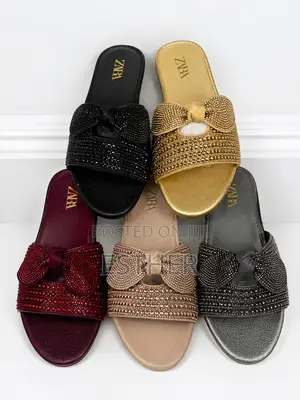 Rhinestones-Embellished Bow Straps Flat Slippers