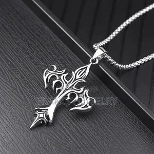 Flame-Engraved Cross Pendant With Polished Box Chain Link