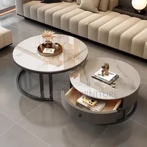 Modern Round Rock Slab Top Stainless Steel Coffee Table With Storage