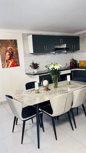 Modern 6-Seater Marble-Top Dining Set Sleek With Black Metal Legs
