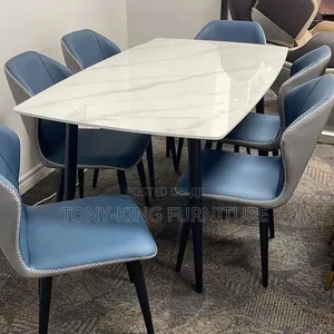 Modern 6-Seater Marble-Top Dining Set Sleek With Black Metal Legs