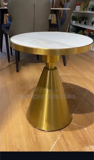 Gold-Finish Pedestal Accent Side Table a Sleek Round White Marble Top