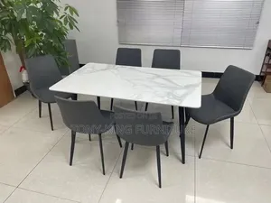 Modern 6-Seater Marble-Top Dining Set  White Faux-Marble Rectangular